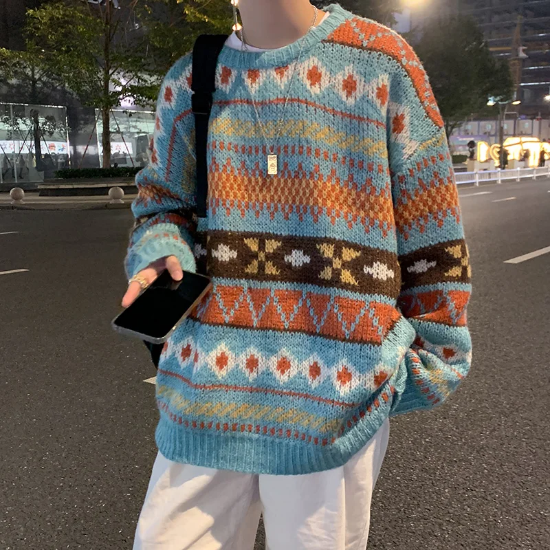 

Ethnic Geometric Jacquard Sweater Men Women Retro Contrast Striped Chunky Knit Pullover Fall Winter Warm Couple Match Knitwear