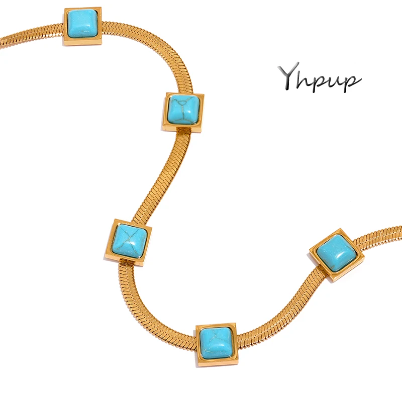 Yhpup Blue Artificial Turquoise Snake Chain Necklace Stainless Steel Golden Collar Jewelry for Women бижутерия для женщин Gift