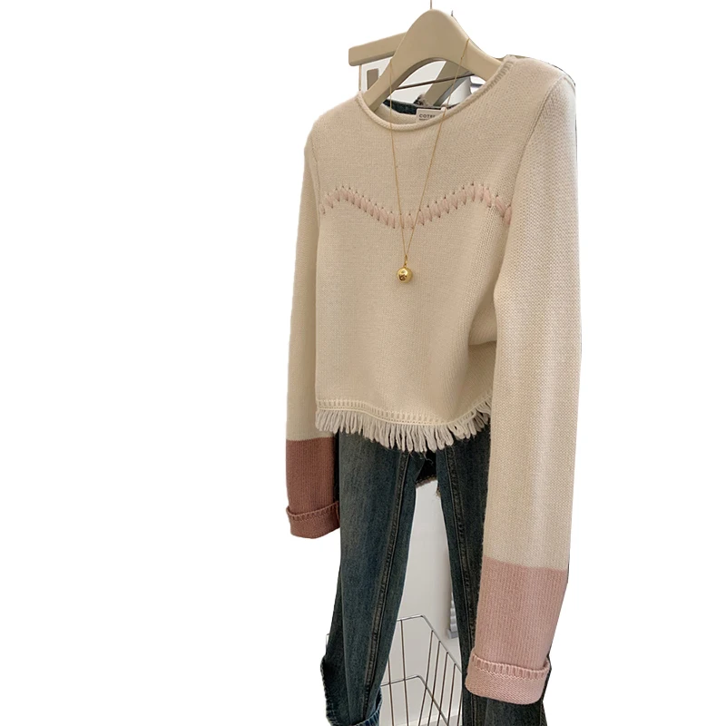 秋冬カラーブロニットウェアトップスルーズレイジースレアウターウェアタッセルセーター暖かさ加熱ロングスリーブラウンドネックレギュラー...