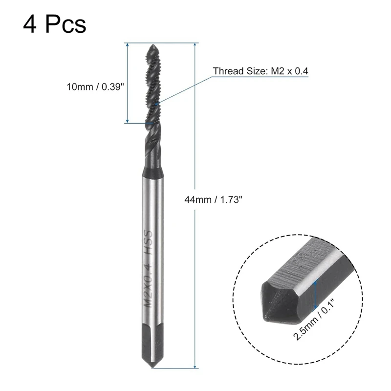 Gtbl-ナイトライドコーティングされたメートルねじタップ、スパイラルフルート、ねじタップ、ねじ工具、高速度鋼、m2 x 0.4、4個