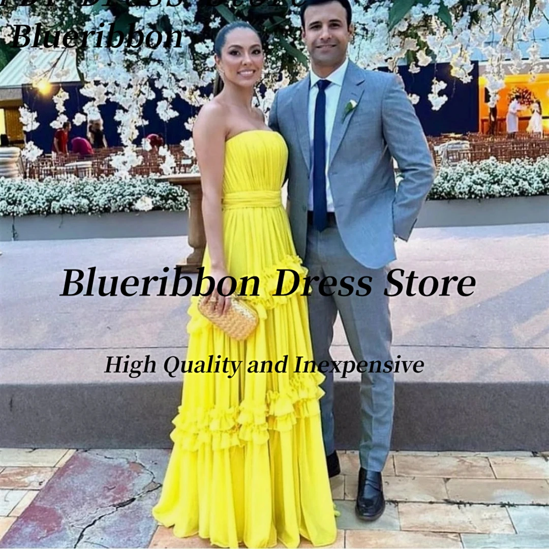 

Blueribbon Yellow Prom Dresses 2024 Strapless Long Ruched A Line Wedding Party Ladies Wear Evening Banquet Special Gowns