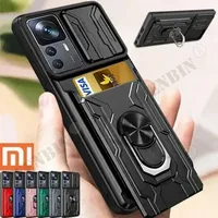 Case For Redmi Note 14 13 12 Pro Xiaomi 14T Pro Poco X6 Pro Slide Stand Ring 360 Magnetic Camera Military Grade Card Slot Cover