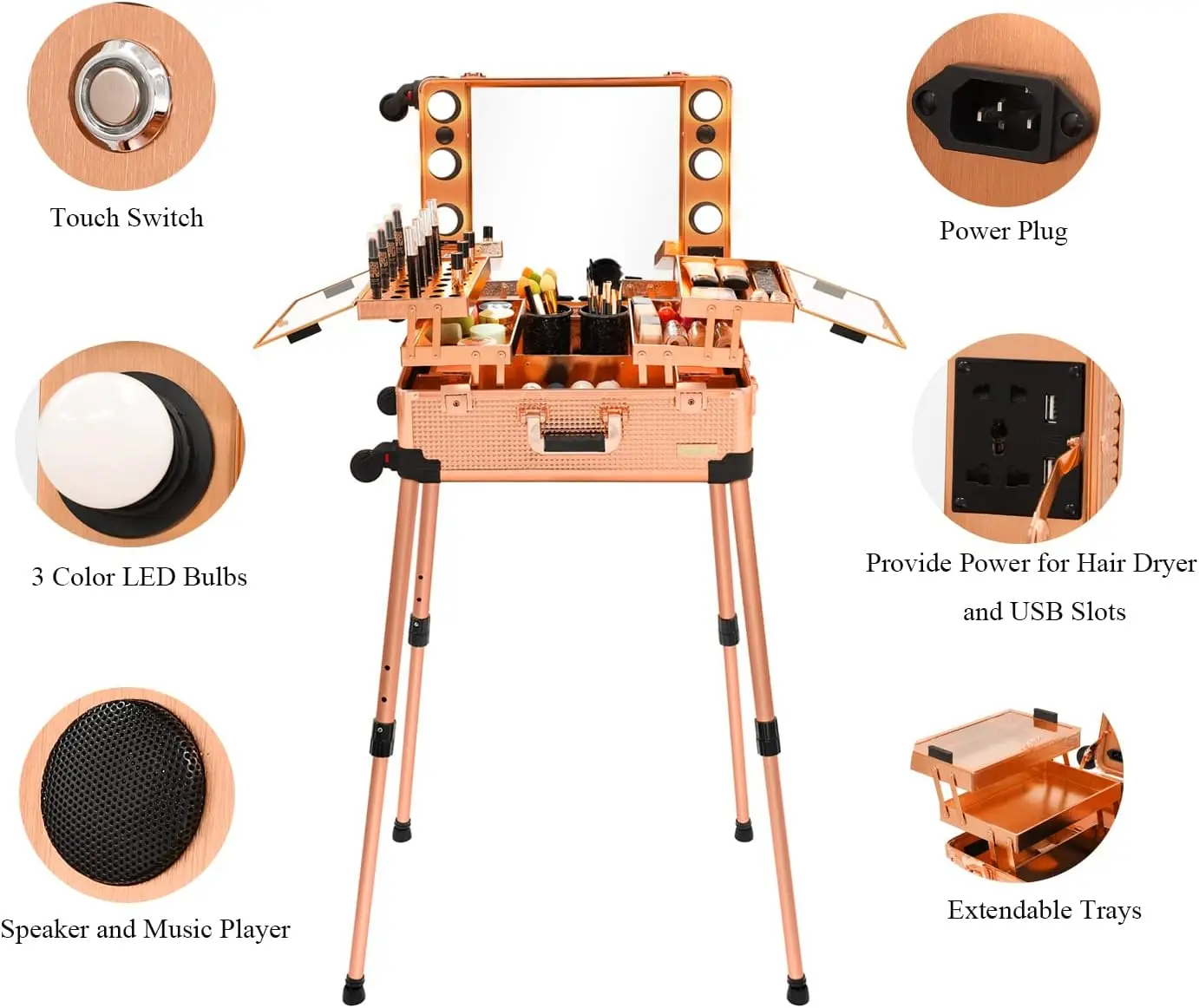 minum Trolley Makeup Train Case With Led Lights Professional Cosmetic Organizer Studio With Speaker, Wheels And Stands