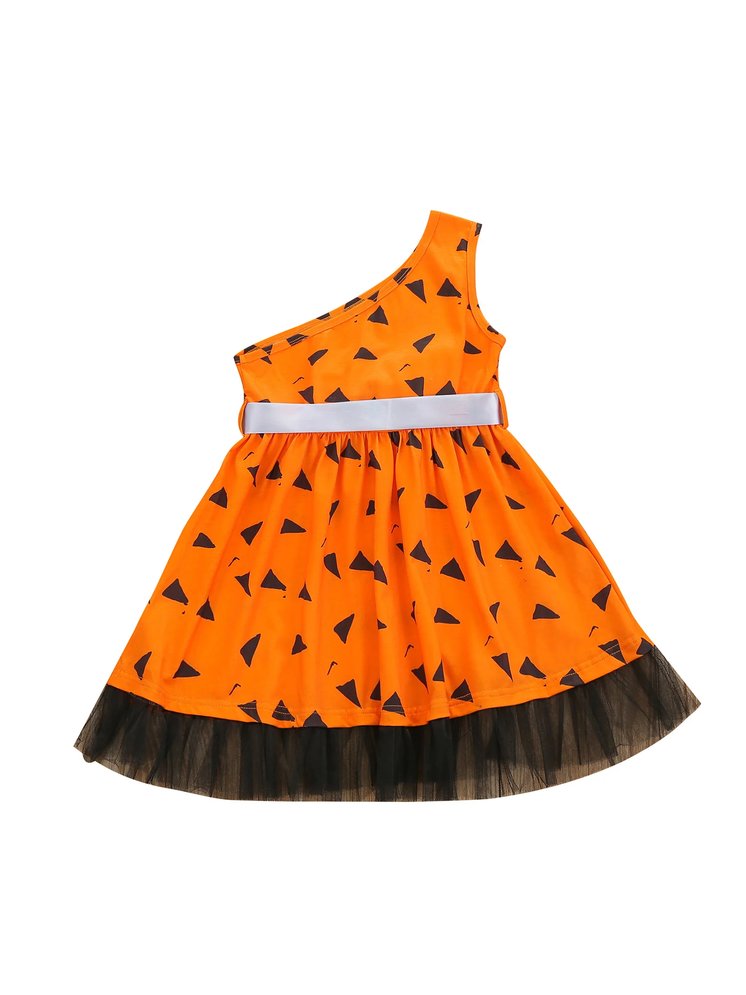 

Toddler Off-Shoulder Tutu Dress with Pumpkin Patch Applique Halloween Costume Mesh Ruffle Detailing and Bow Belt