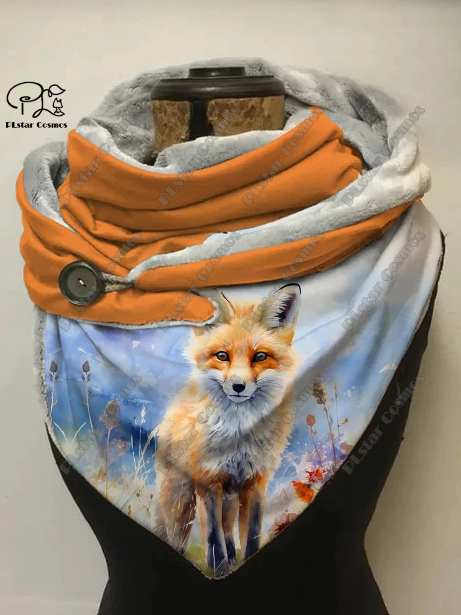 3D printing animal series cute fox fallen leaves snowflake pattern women\'s warm shawl spring and winter small triangle scarf H-4