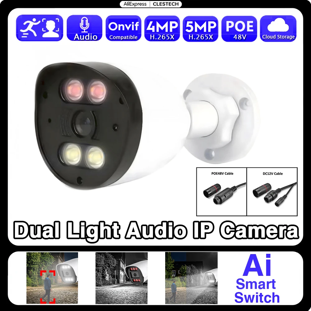 

High-Power Outdoor Waterproof AI IP Camera POE 5MP 4MP Full Color Infrared Dual Light Audio Mic RTSP Xmeye Superior Surveillance