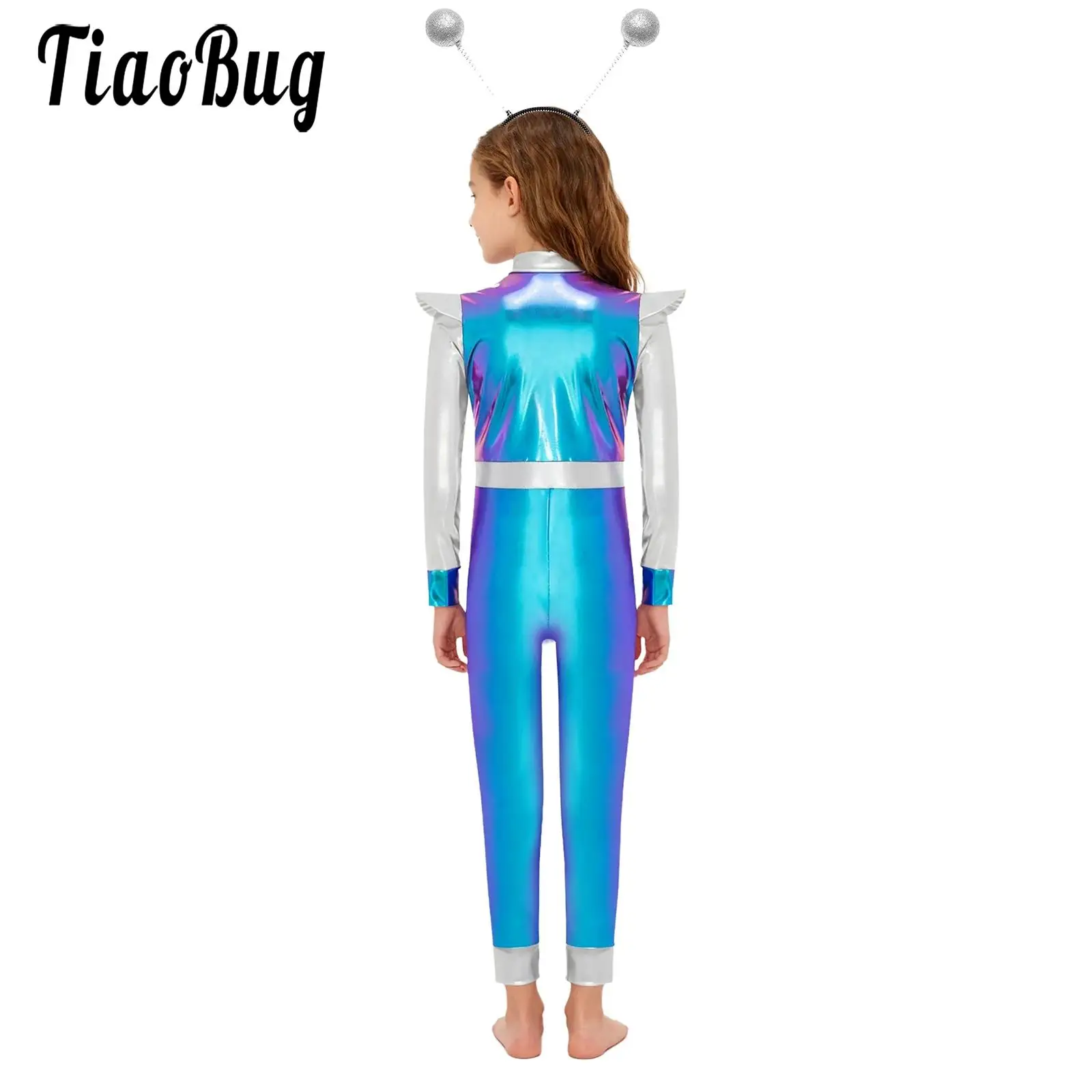 

Kids Girls Alien Costume Set Long Sleeves Zip Long Bodysuit Metallic Outer Space Cutie Halloween Costume with Alien Hair Hoop