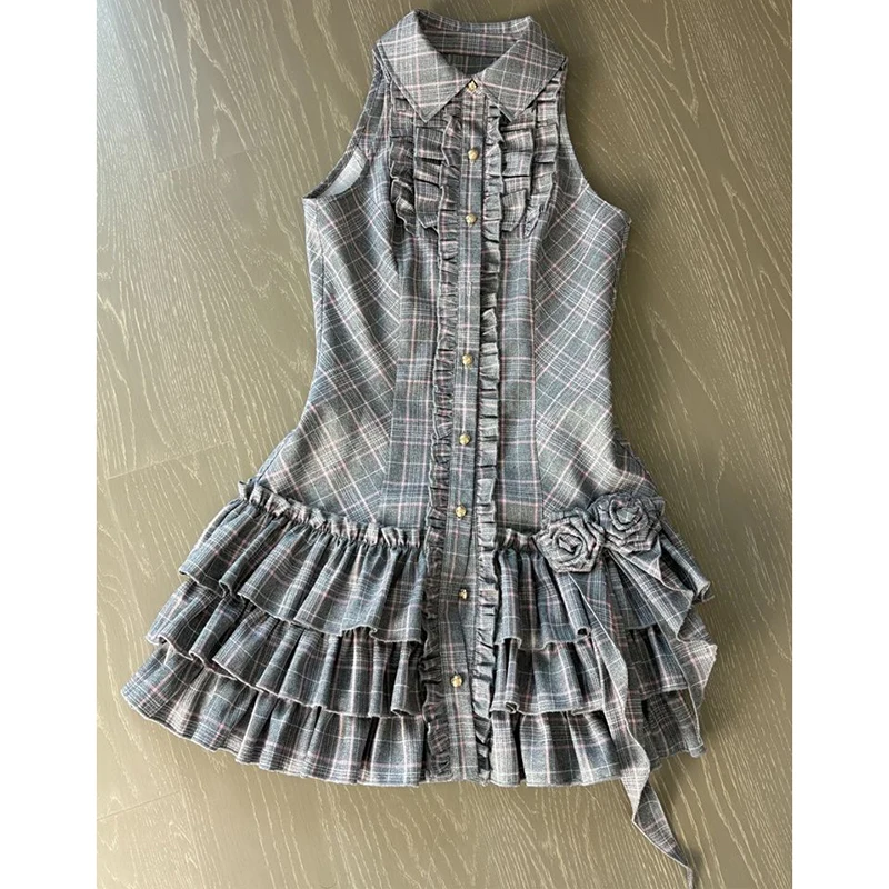 Plissado 3d rosa sem mangas vestido feminino xadrez chique único breasted em camadas bolo vestido verão estilo bonito doce harajuku mini vestido