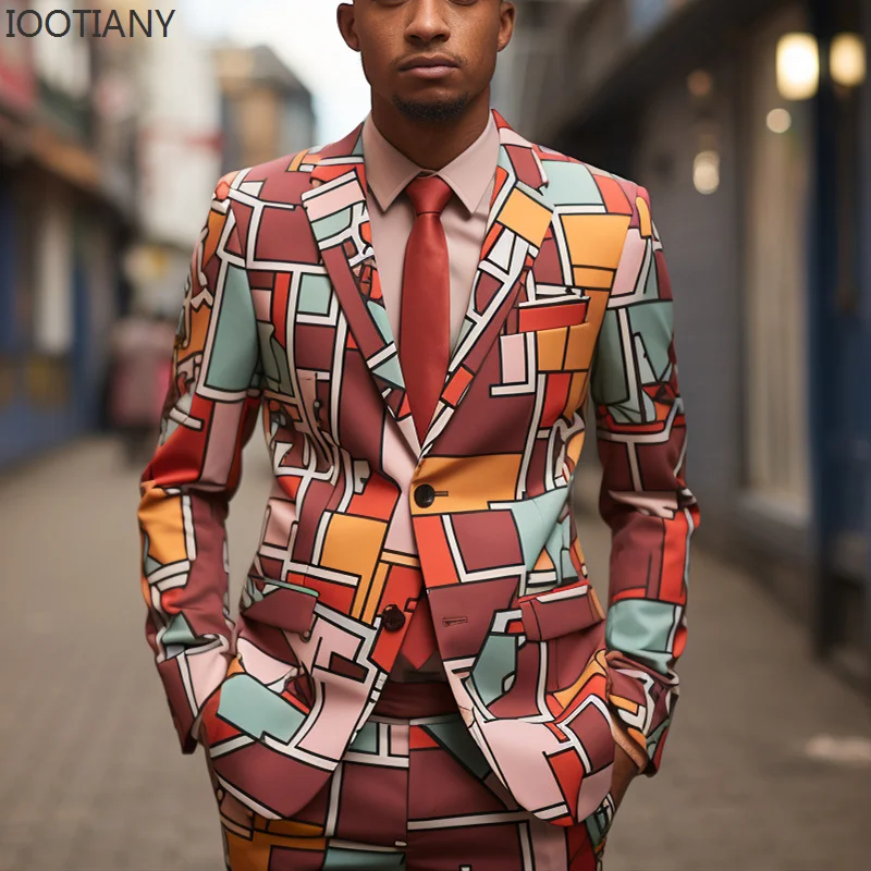 IOOTIANY Men Traditional Retro Clothing 3d Digital Printing Party Long Sleeve Suit Stage Nightclub Cool Performance Blaze Suits