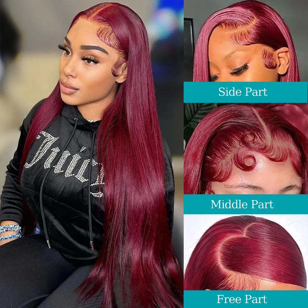 220 Density 99J Burgundy 13x6 HD Transparent Lace Frontal Wig 13x4 Bone Straight Colored Lace Front Human Hair Wigs For Women