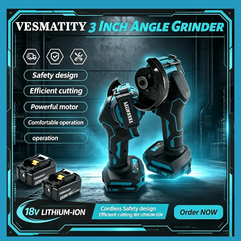VESMATITY 18V 3 Inch Angle Grinder 20000 RPM Efficient Motor Extends Battery Cut Off Tool for Metal Tile 18V 20V Battery Max Pro