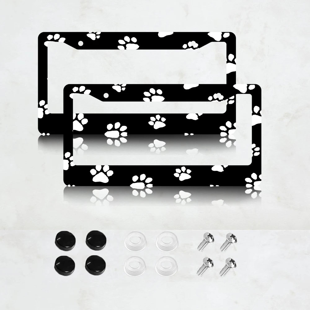 

2PC 2-Hole License Plate Frame with Paw Prints, Black and White Aluminum, 6x12 Inches, with Screws, USA Standard Size