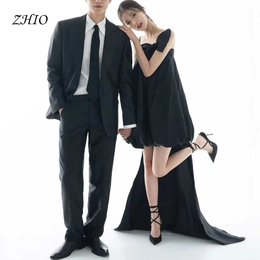 zhio-modern-black-short-wedding-party-dress-bow-spaghetti-straps-sweep-train-korea-photo-shoot-bridal-gown-custom-웨딩드레스