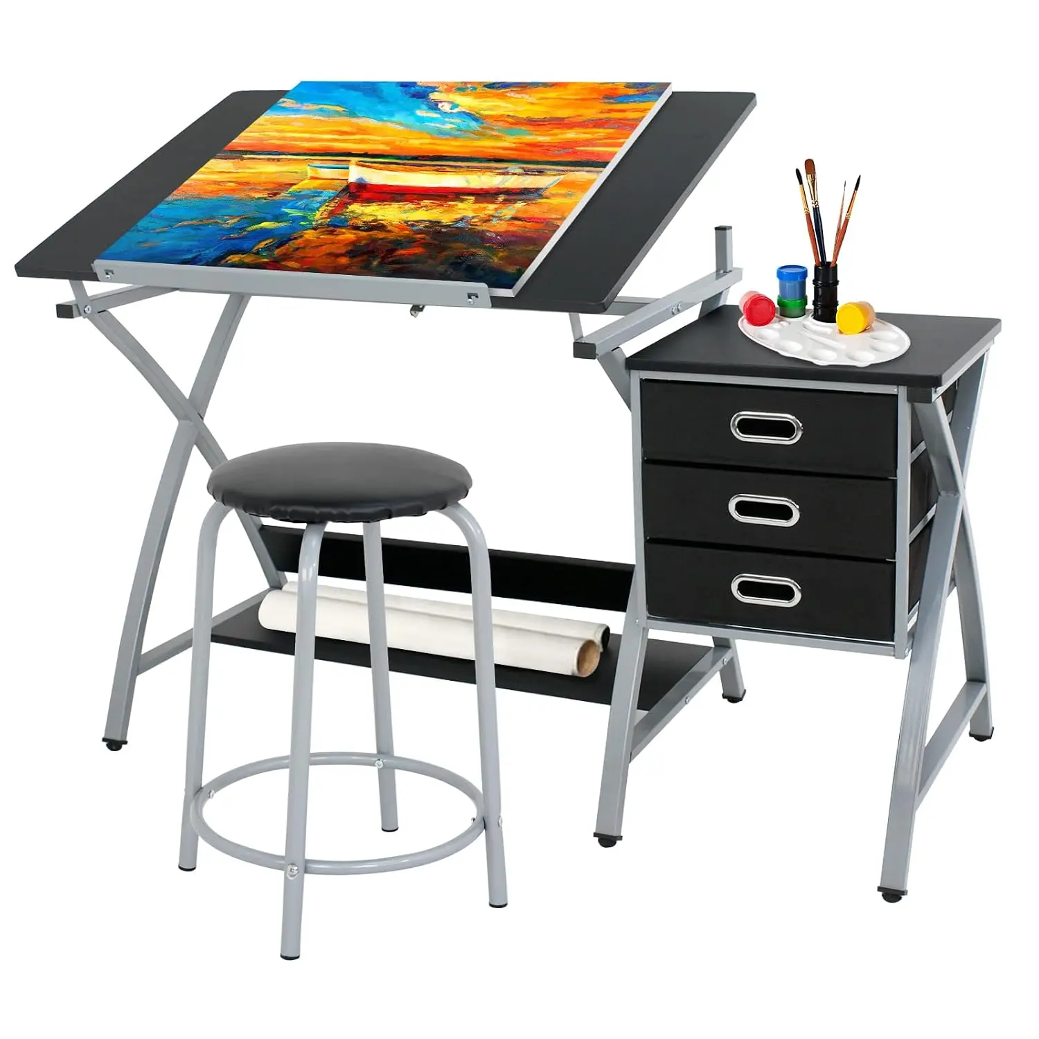 Drafting Table and Stool, Tilted Draft Table Desk w/Drawers, Artist Drawing Desk Craft Table for Drafting, Painting, Reading