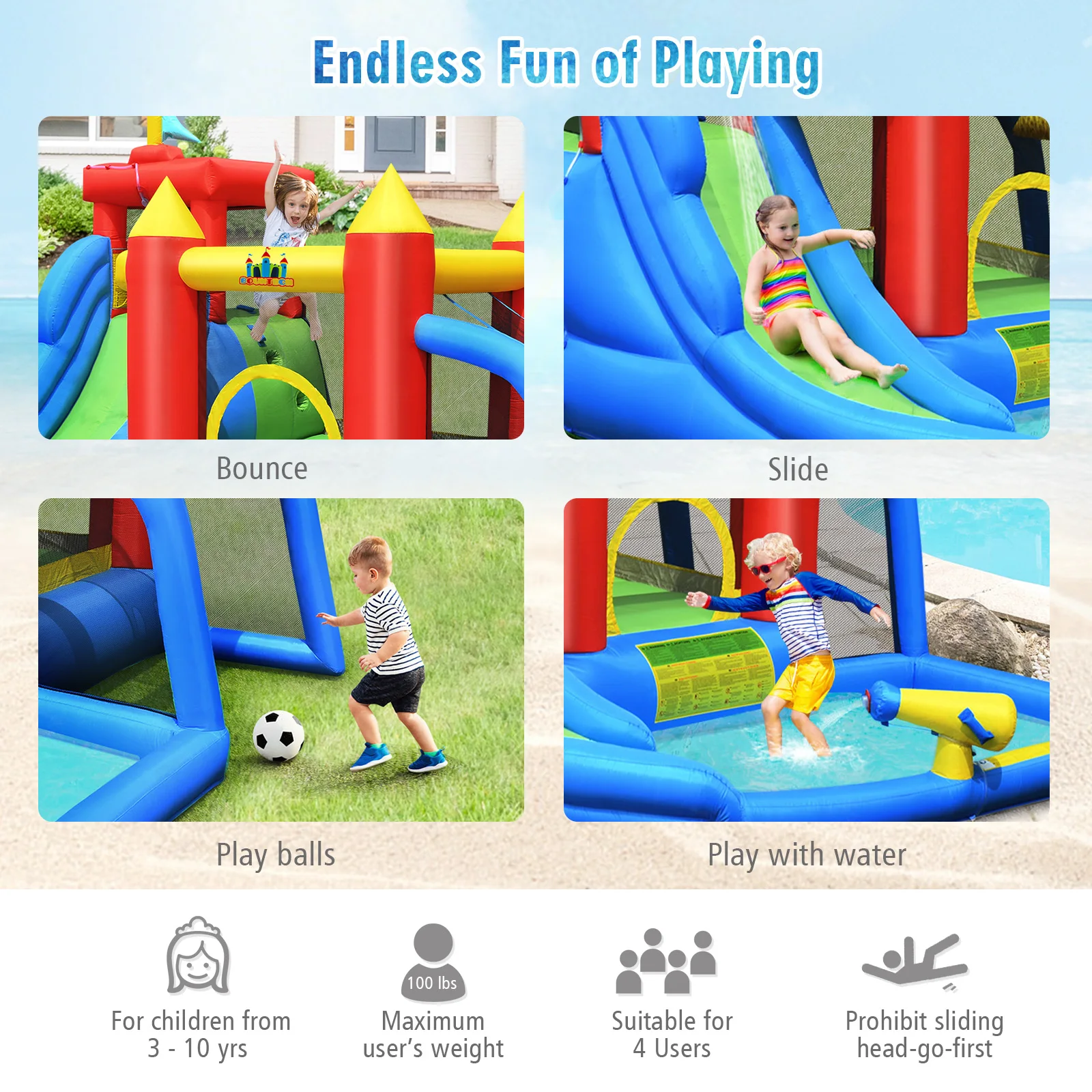 Inflatable Bouncer Water Slide Bounce House Splash Pool without Blower