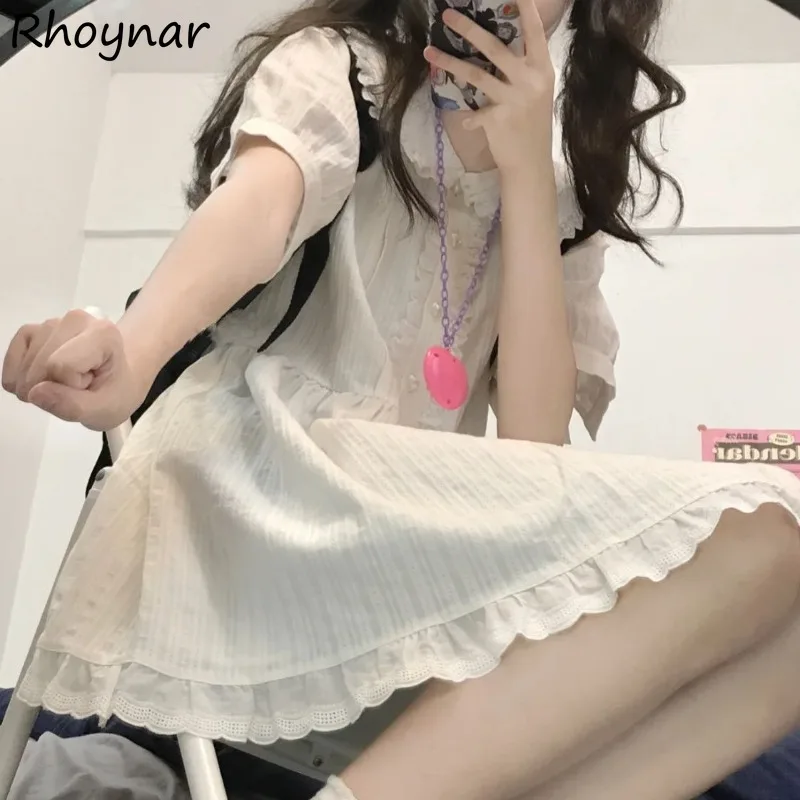 

Dresses Women Solid Peter Pan Collar Lace Spliced All-match Japanese Style Trendy Sweet Lovely Girls Streetwear Summer Casual