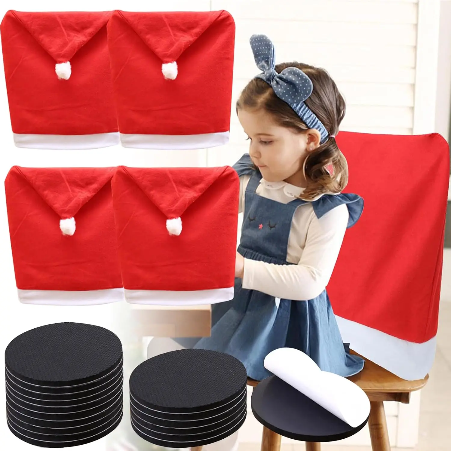 4x Kerststoelhoezen Kerstmuts 50x60cm, Kerstdecoratie voor eetkamer, Decoraties voor Kerstavond, Set
