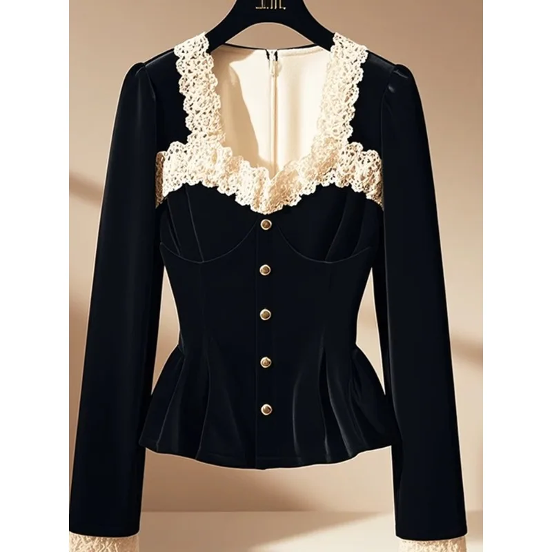 Minority Square-neck Collar Black Long-sleeved Shirt Autumn New Cover The Belly Short Jacket Female in The Spring Lace Commuting