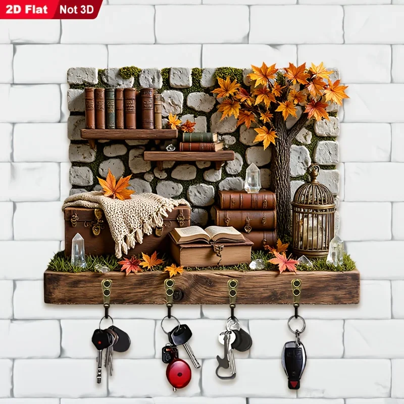 2D Flat, 1pc, Retro Autumn Theme Key Hook, Wooden Multifunctional Home Key Rack, with Four Metal Hooks, Wall Decoration, Porch