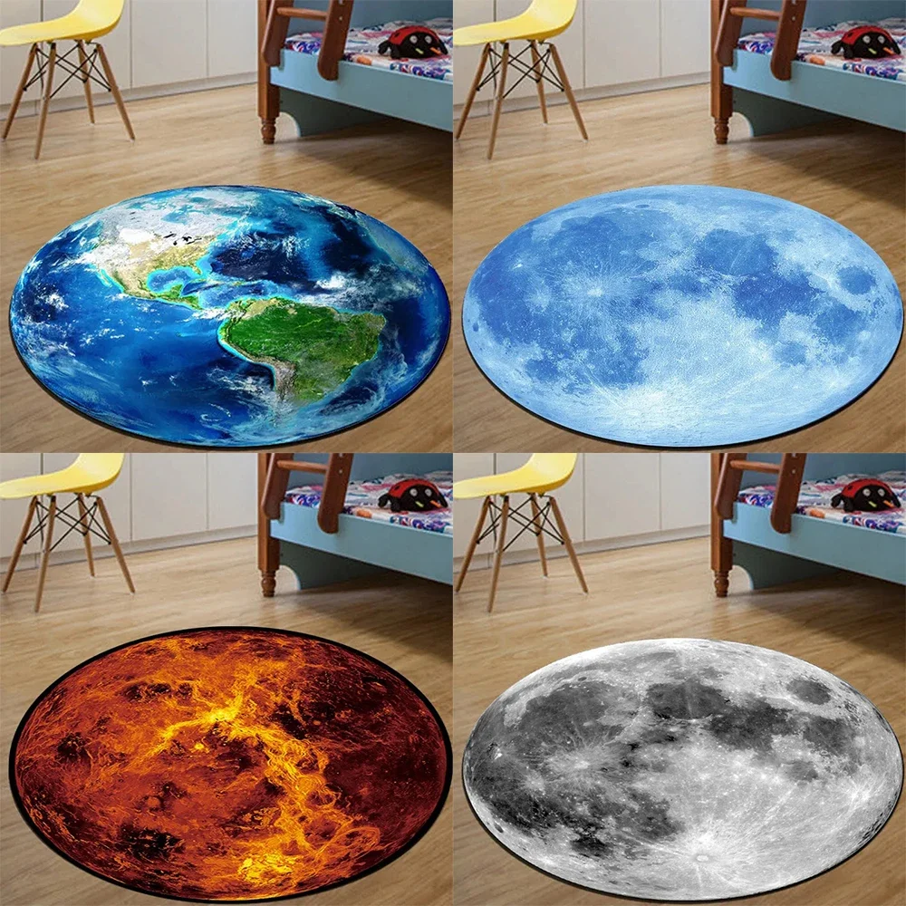 Round Sponge Carpet Earth Moon Mars Pattern Anti-Slip Floor Mat Home Decoration Bedroom Computer Chair Floor Mat