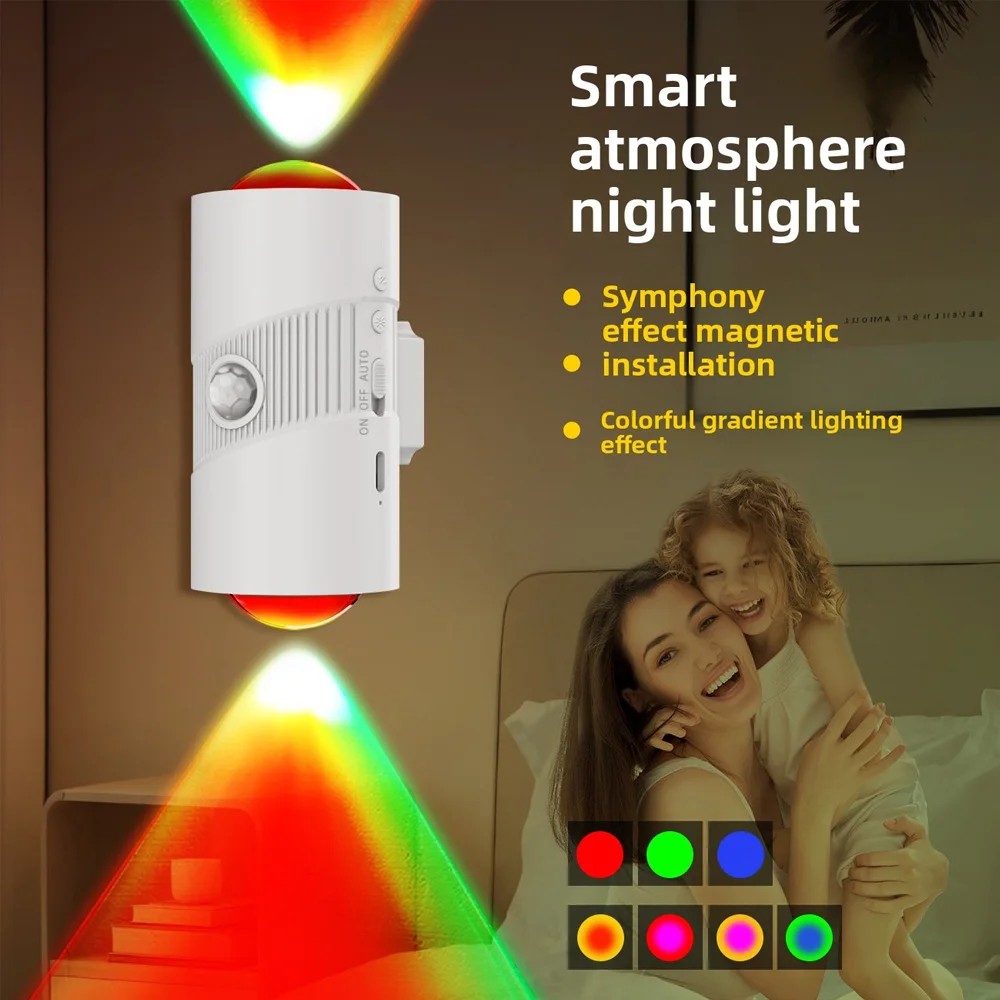 RGB Gradient LED Night Light with Motion Sensor Wall Lamp Rechargeable Ambient Lights Dimmable Indoor Lights Magnetic Step Lamps