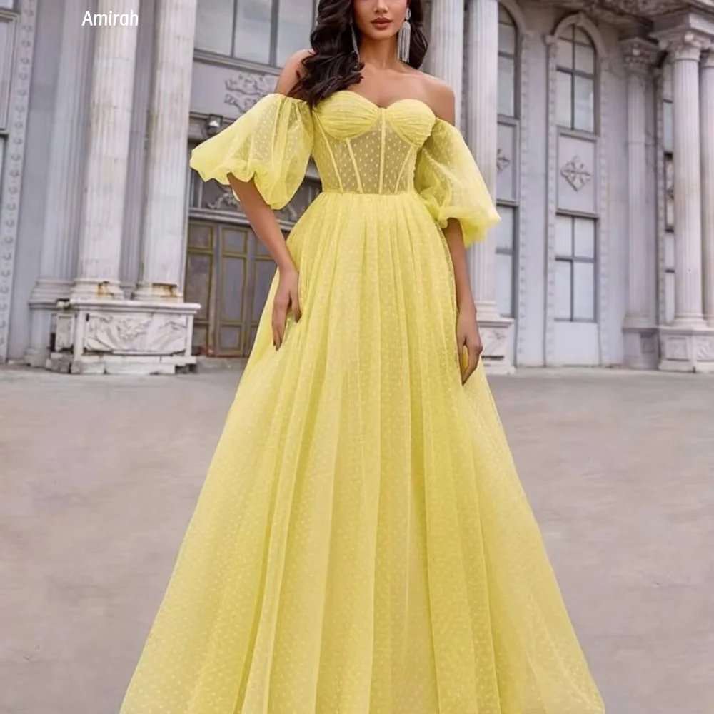 Amirah Custom Made Women's Elegant Dresses for Special Occasions Puff Sleeves Exposed Shoulders Line A Evening Dress 2025 Prom