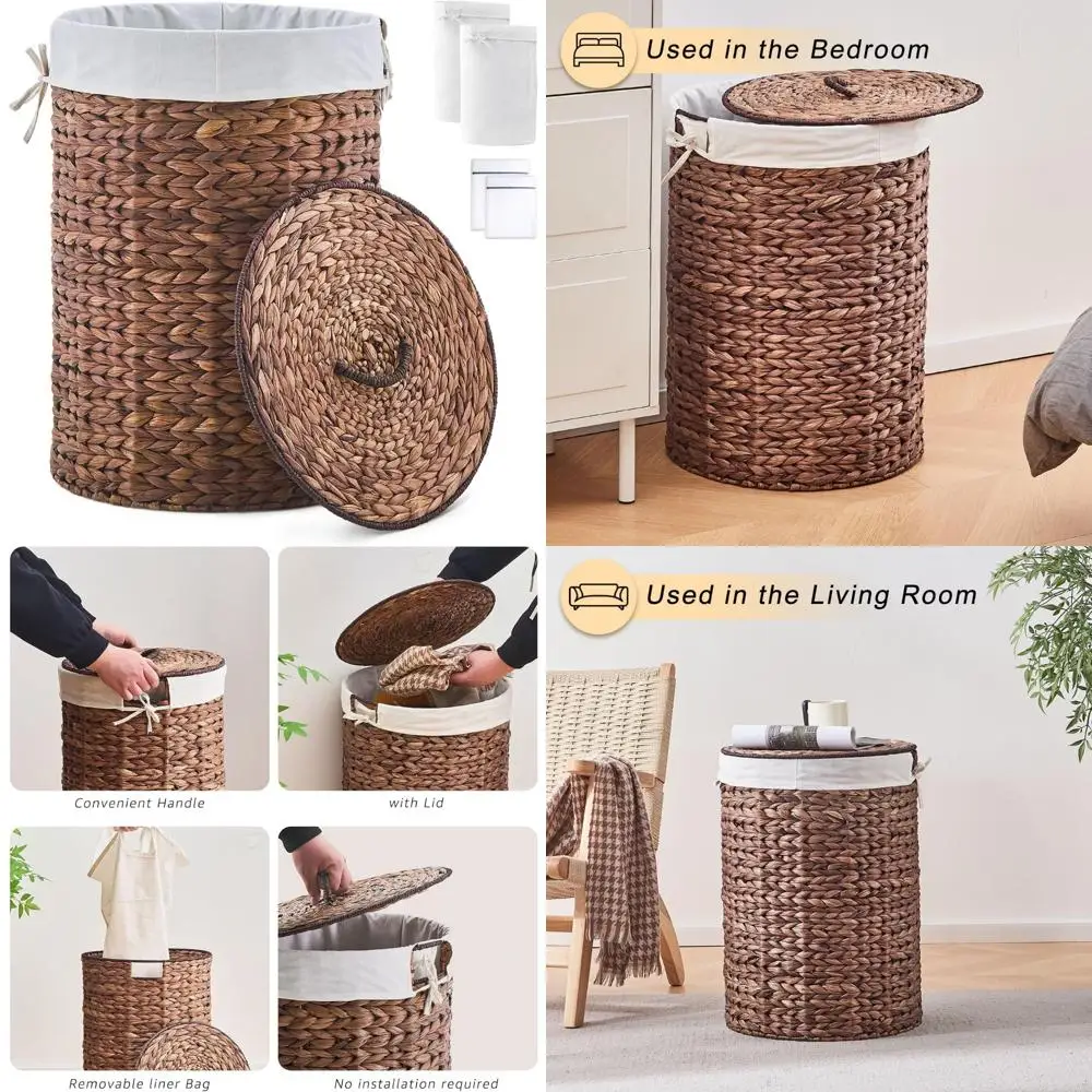 

Круглая плетеная корзина для белья ручной работы с крышкой для хранения и организации одежды