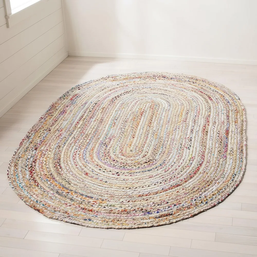 

Handmade Jute Cotton 3x5 Oval Area Rug - Braided Woven Design, Beige Multi Color for Coastal Farmhouse Decor