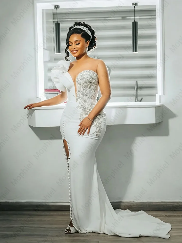 Mermaid Weddings Dresses for Bride Sheer Neck Long Sleeve Side Split Ruffles Aso Ebi Nigeria Bridal Reception Gowns Customized
