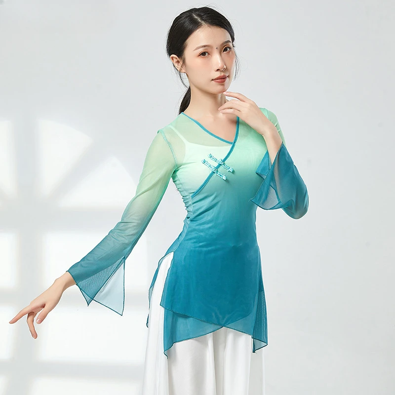 

New Style Classical Dance Clothes Gradient Color Tops Chinese Folk Dance Costumes Women's Gauze Dance Practice Clothes Tops