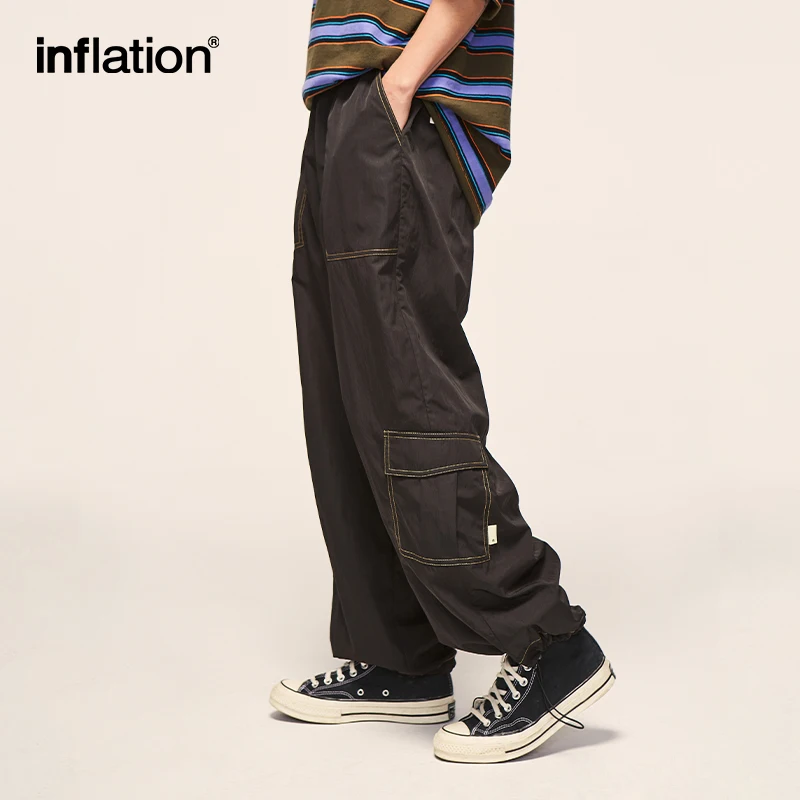 INFLATION Multi Pockets Wide Leg Cargo Pants Men Loose Fit Elastic Waist Track Pants Male Casual Trousers