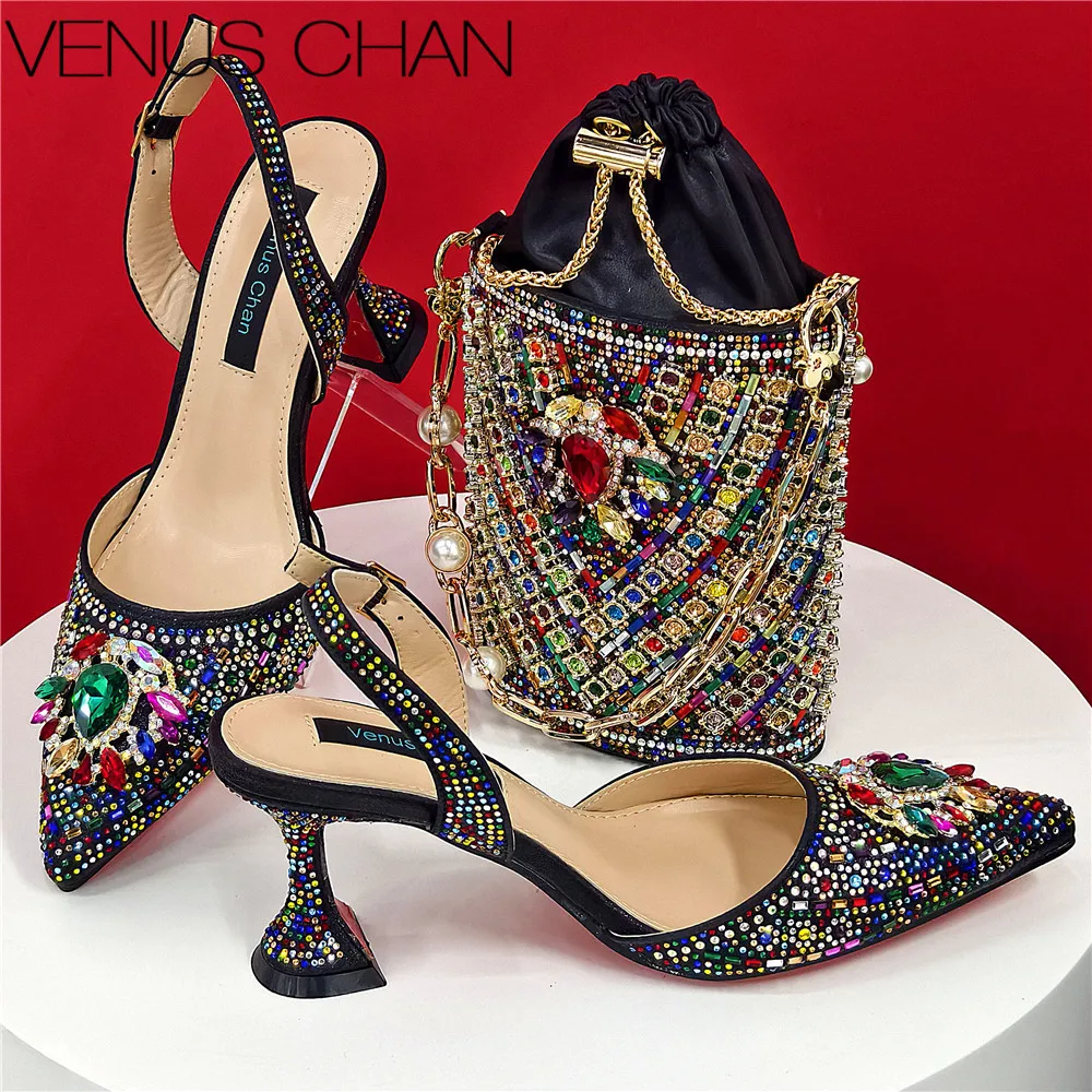 Fashionable Rainbow Black Color Ladies Shoes And Bag For Party Nigerian Women Wedding Shoes And Bag High Quality Sandals