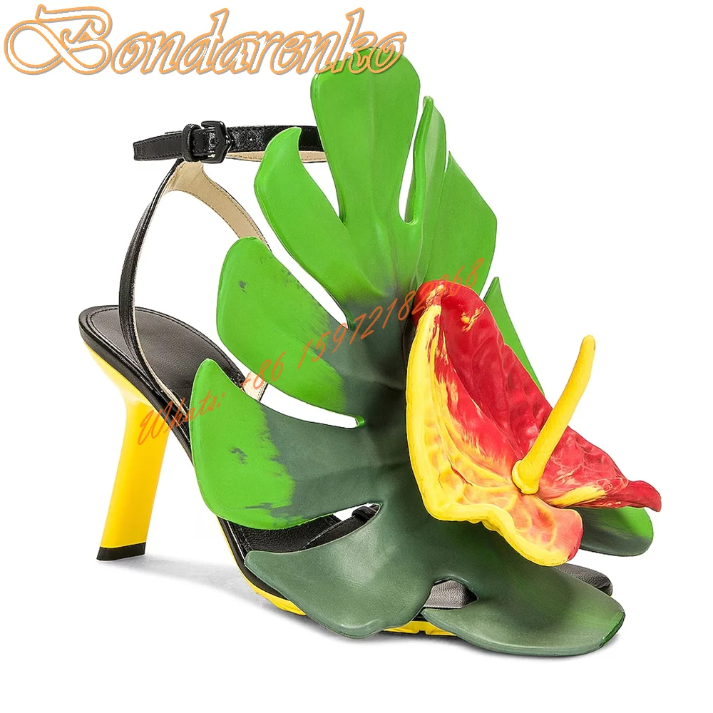 Sexy Leaf Folwer Sandals Women New Shoes Open Toe Buckles Straps Strange Style Heels Designer Party Summer Shoes Runway Fashion