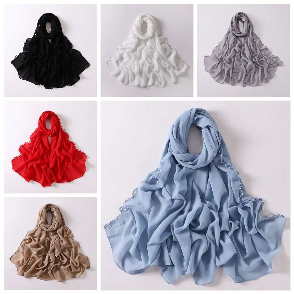 ผ้าคลุมศีรษะแบบอิสลาม ผ้าชีฟองยาว สไตล์ชาติพันธุ์ ประดับมุก ผ้าพันคอฮิญาบสำหรับผู้หญิง