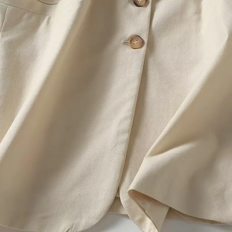 Withered French Simple Ladies Single Breasted Vest Fashion Beige Color Sleeveless Blazers Women Tops