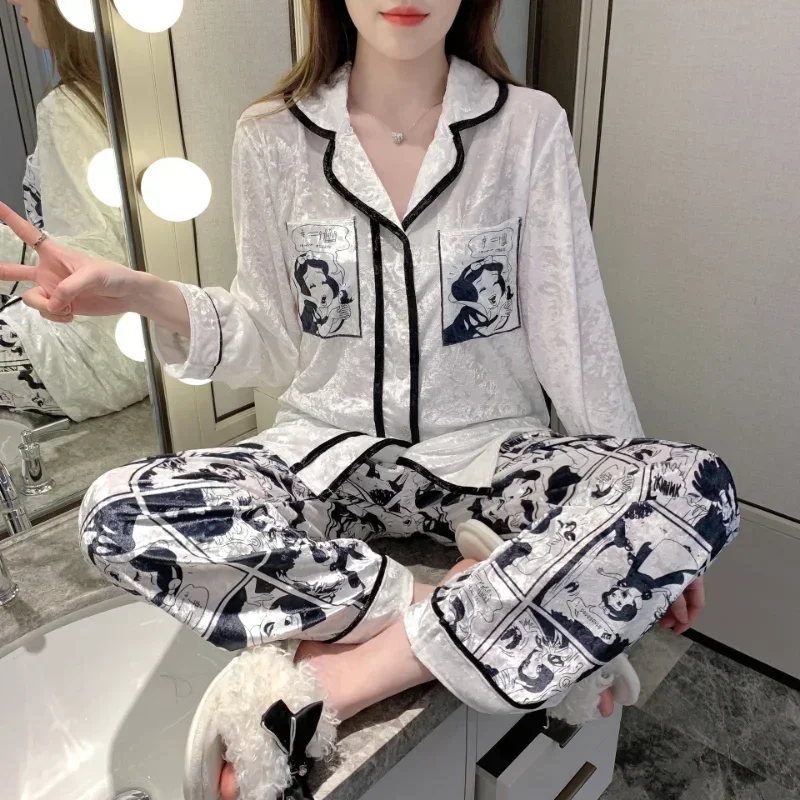 Disney Snow White autumn ice silk long-sleeved trousers women's pajamas cartoon loungewear silk pajamas women's two-piece set