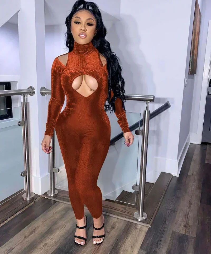 

Сексуальный бархатный комбинезон GUWU для вечеринок, женский, с высоким воротником, вырезами, длинными рукавами, облегающий, клубный, цельный комбинезон-ромпер для женщин