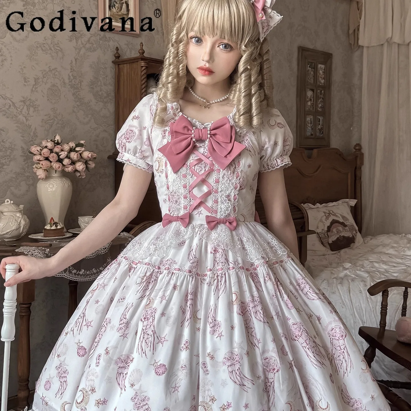 

Japanese Cute Girls Sweet Lolita Birthday Dress Cute Bow Jellyfish Print Short Sleeve Dress OP Princess Tea Party Long Dress JSK