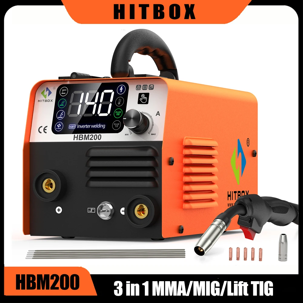 HITBOX HBM200 Poste à souder MIG multiprocessus avec contrôle synergique 220V 3 en 1 (MMA, ARC, MIG sans gaz, TIG Lift) à inverseur IGBT pour fil fourré de 0,8/1,0 mm (2 lb), soudeuse portable pour usage domestique et bricolage, pour soudage de fer sans gaz