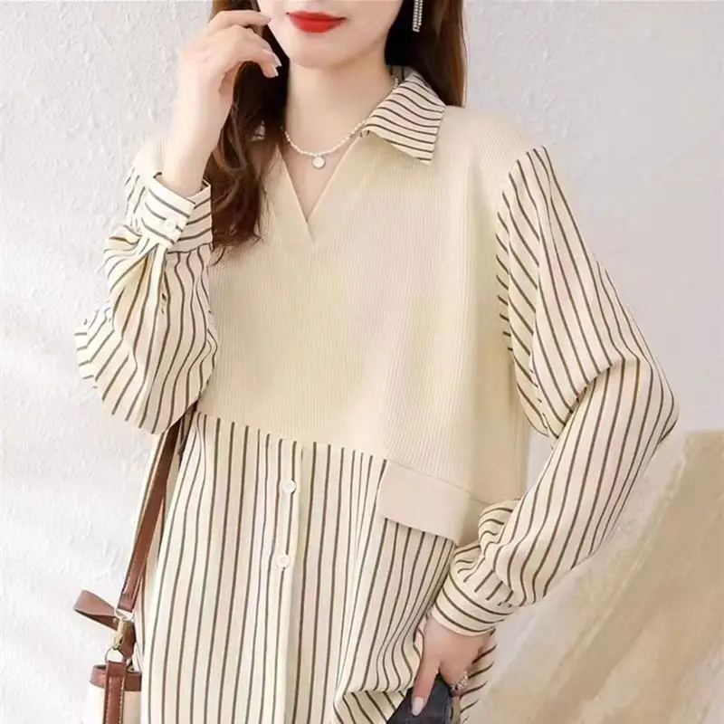 Women Autumn Simplicity Loose Office Lady Patchwork Polo-Neck Long Sleeve Shirts Women Clothes Fashion All-match Striped Tops