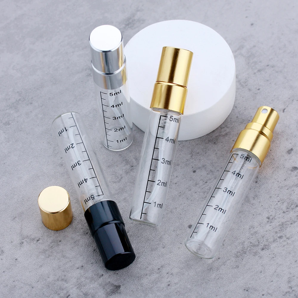 100 個 5 ミリリットルファインミストスプレーボトルポータブル段階ガラス詰め替え香水ボトルサンプル噴霧器空ボトルバイアル
