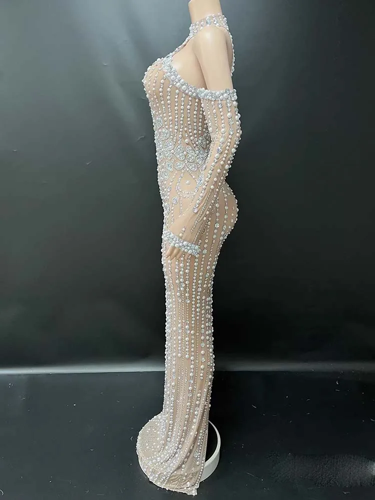 High quality rhinestone hot bead sexy off shoulder hanging neck slit dress 2025 new fashion custom women's clothing