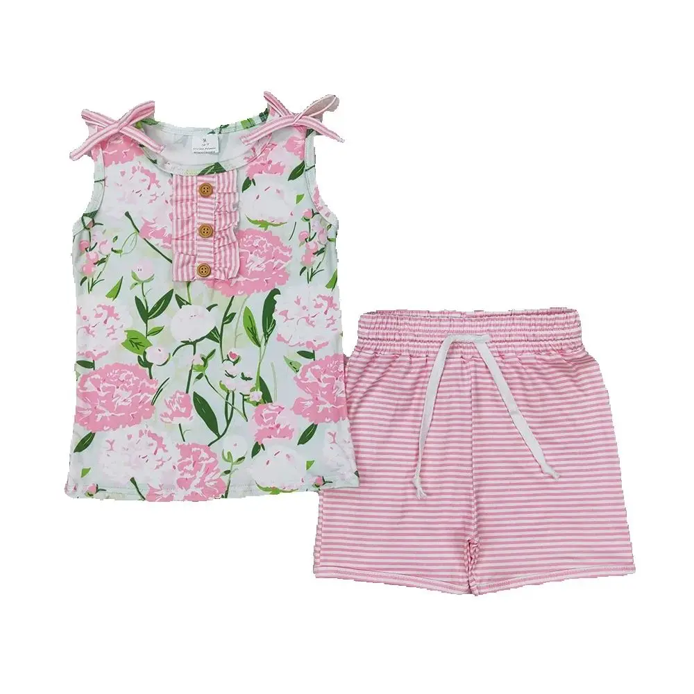 

Baby Girls Pink Sleeveless Floral Button Top Stripe Shorts Set