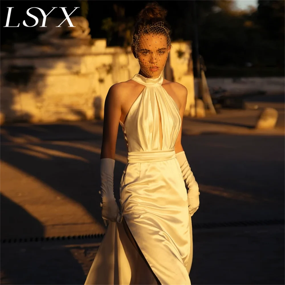 LSYX High Neck Cut-Out Sleeveless Satin White Wedding Dress High Side Slit Cut-Out Back Sweep Train Bridal Gown Custom Made