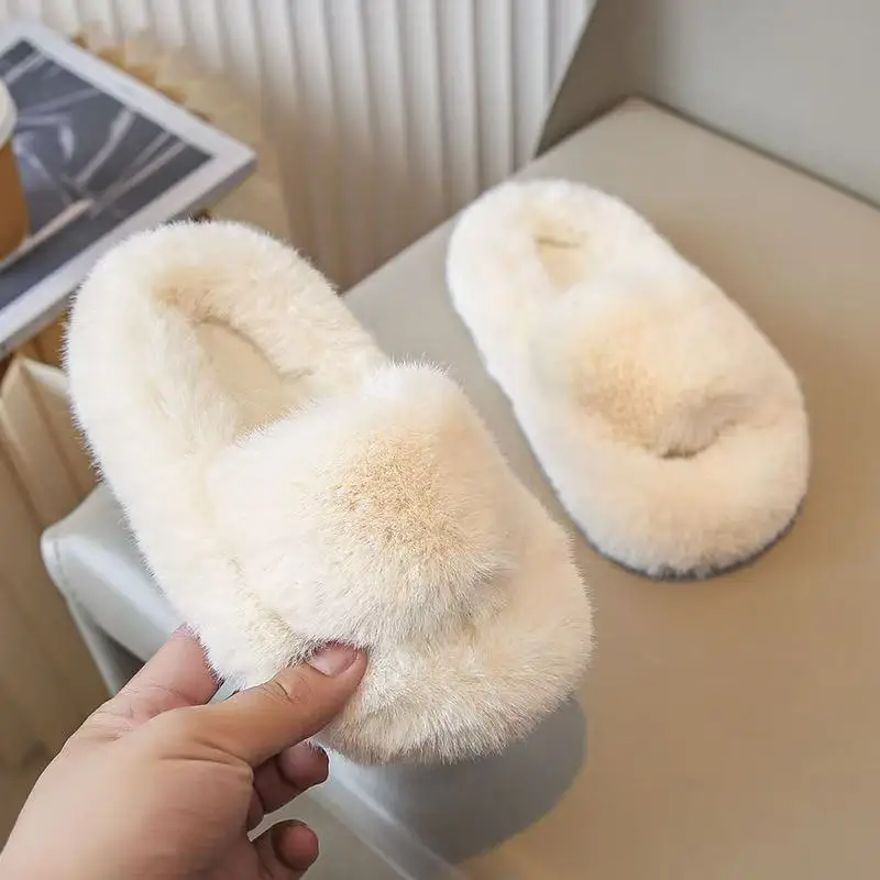 2026 Cross Border Kids One Band Plush Slippers Autumn Winter Warm Non Slip Indoor Cotton Shoes For Boys Girls Toddler Baby