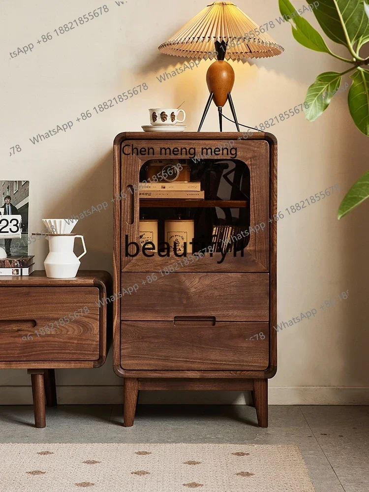 M178 North American black walnut wine cabinet Nordic simple solid wood side cabinet Single door glass display vertical cabinet29