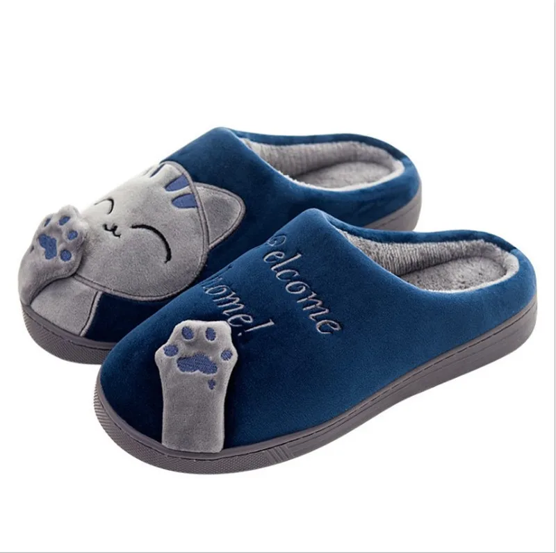 Winter Couple Home Slippers Women Shoes Cartoon Cat Slippers Men Warm Plus Size Slides Indoor Bedroom Non-slip Floor Slipper