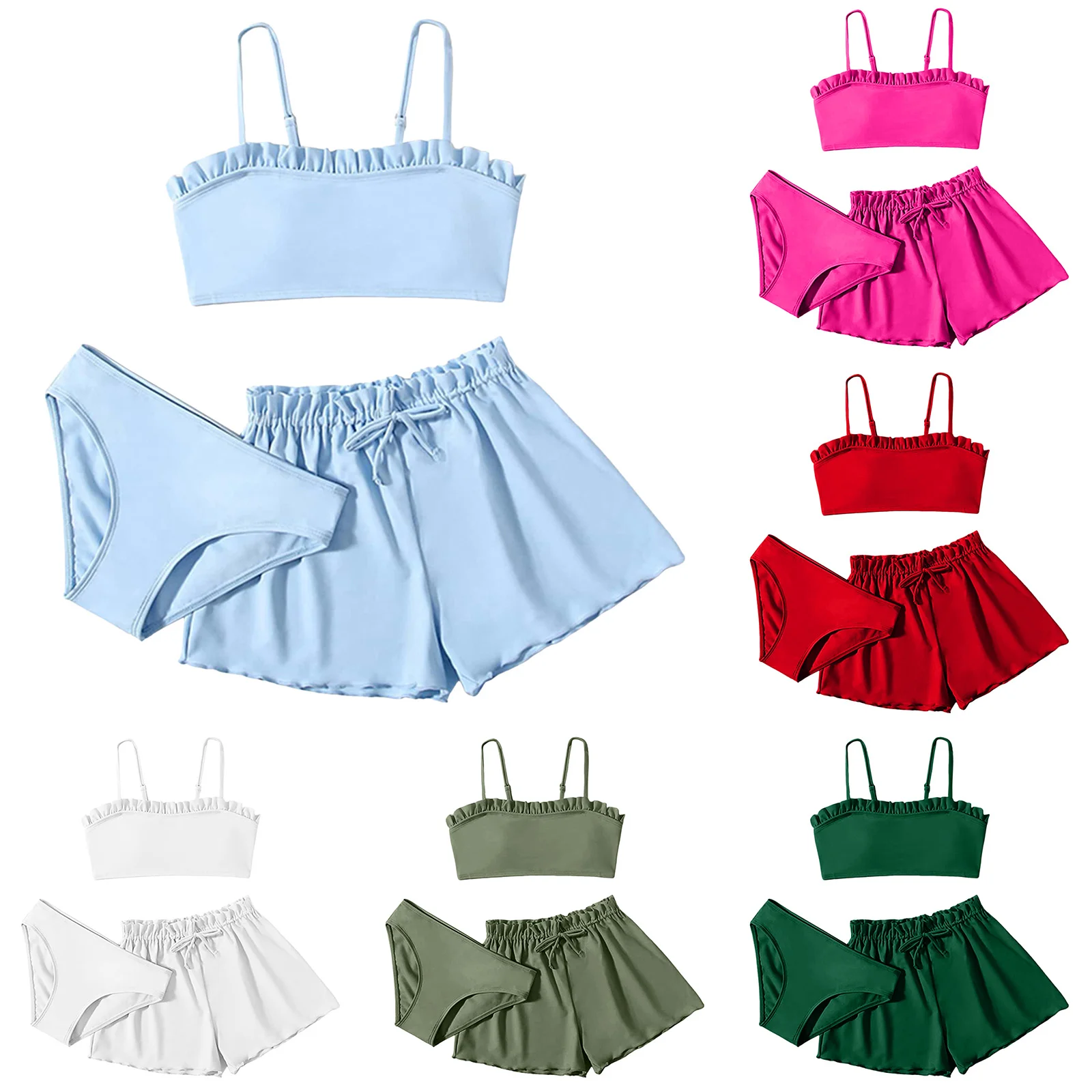 Kids Child Girls Swimsuits Bathing Suit Wraps For Girls Solid Bikini Tops Underpants Ruffles Skirt Swimwear For Teens Shorts