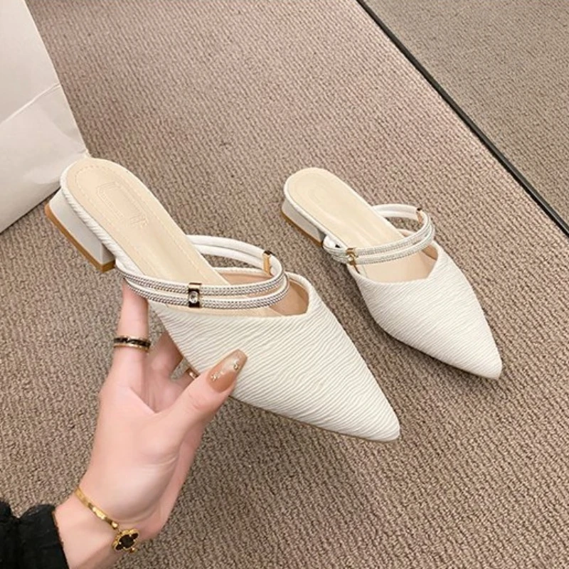 Women Mules Shoes 2024 Summer New Pointed Toe Chunky Heels Ladies Slippers Fashion Plus Size Dress Party Mid Heel Shoes Women