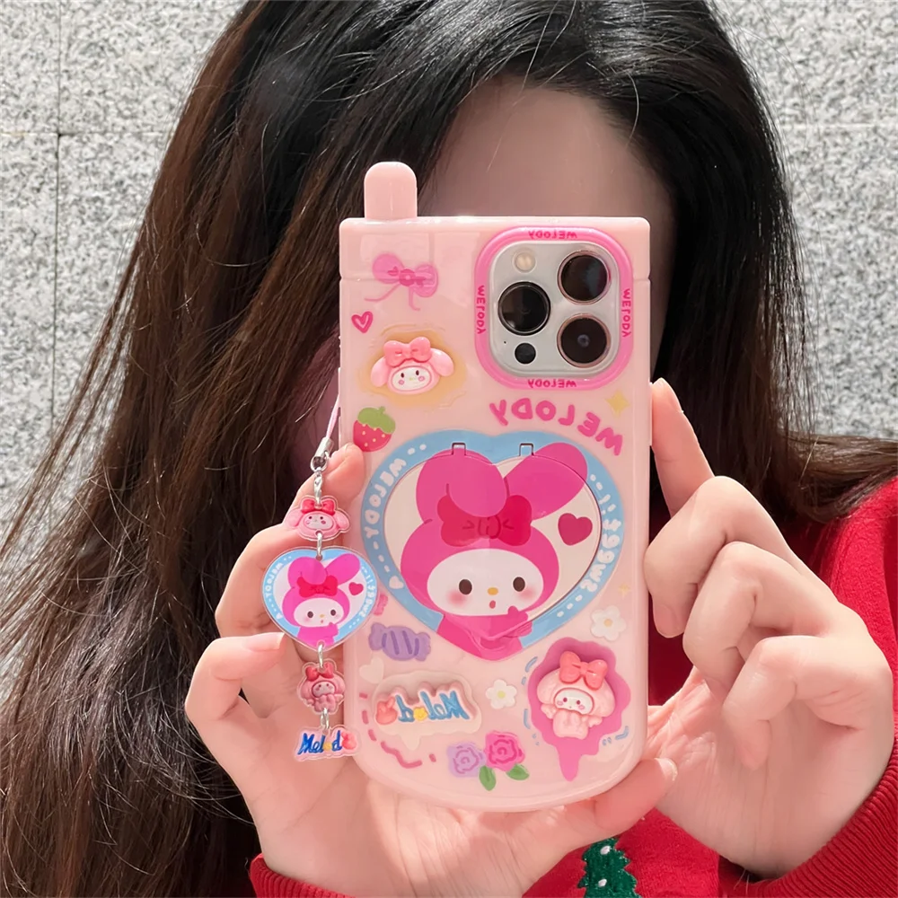 Cute Pink My Melody Cinnamoroll Kuromi Mirror Holder Case For iPhone 11 12 13 14 15 Pro Max Kitty Purin Pachacco Shell